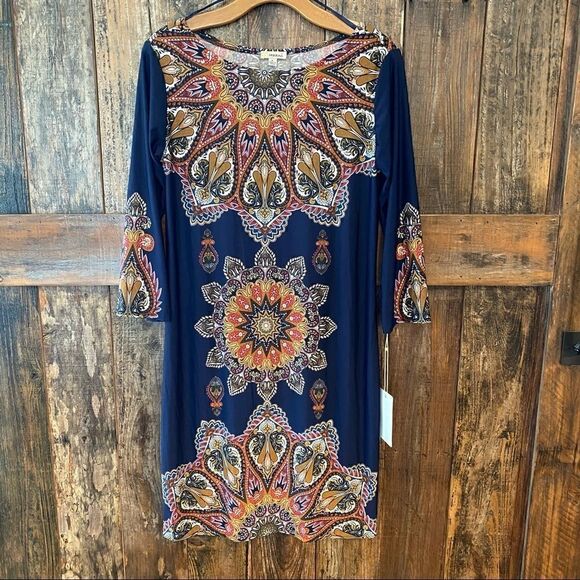 Haani S Blue Bali Bohemian Paisley Relaxed Long Sleeve Workwear Shift Dress - Picture 7 of 11